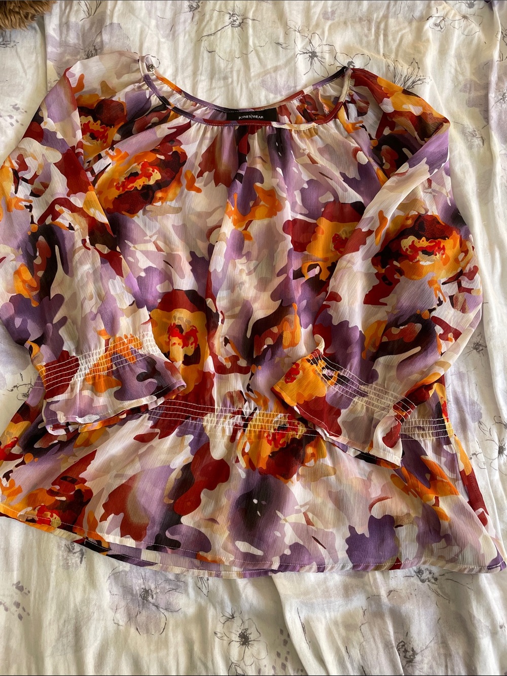 Jones Wear Purple Orange Red Floral Peplum Blouse Size 10